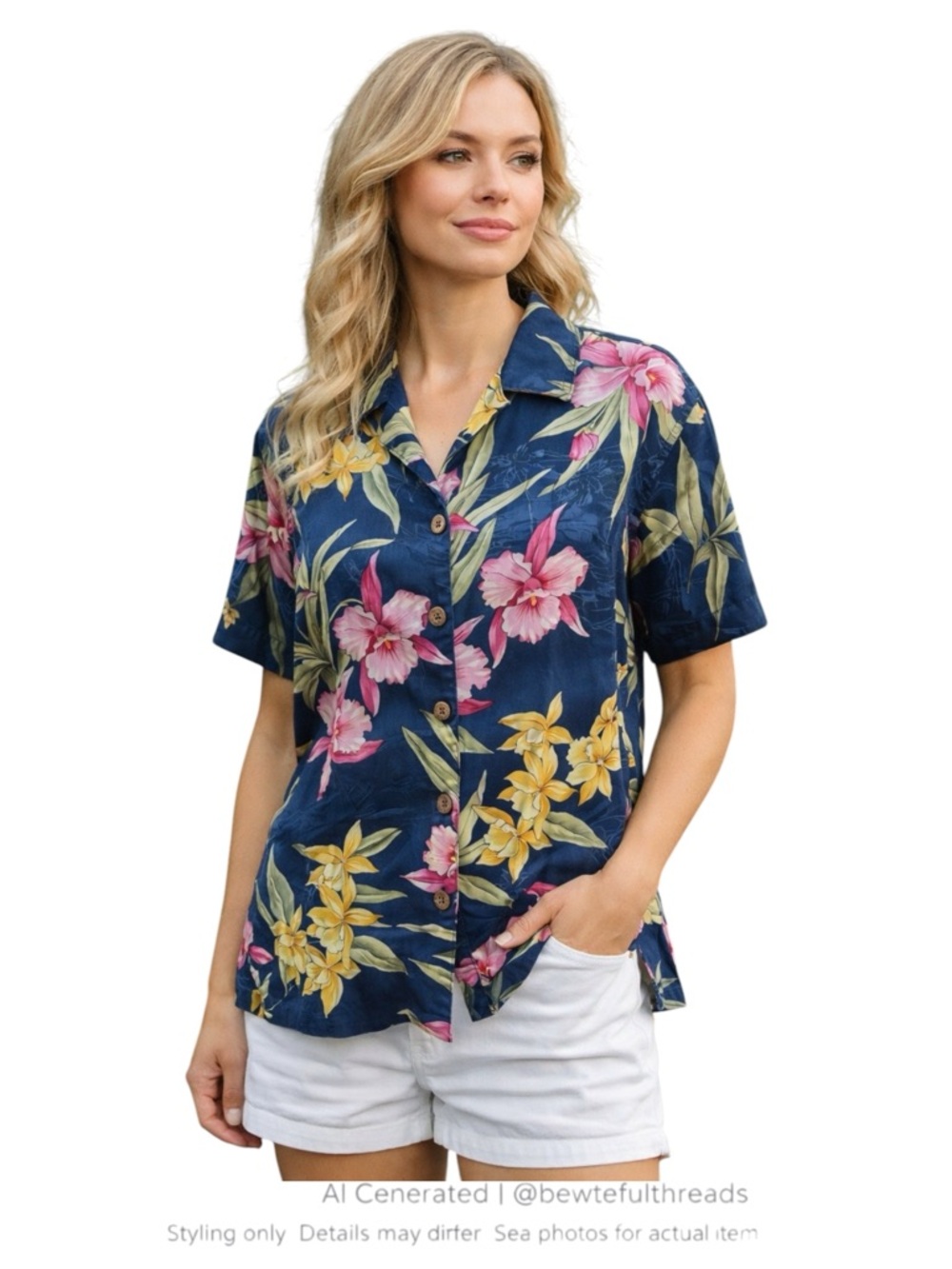 LA CABANA M blue & tropical flower Hawaiian short sleeve vintage shirt